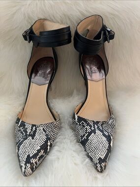 Vince Camuto Black & Snake-Print Pointed Toe Ankle-Strap Heels